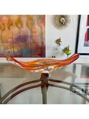 Orange MCM Hand Blown Glass Canoe Bowl Czech Republic